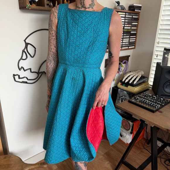 Vintage 50s 60s Handmade Quilted Sleeveless Fit and Flare Swing Dress ~ Size S - Picture 3 of 8